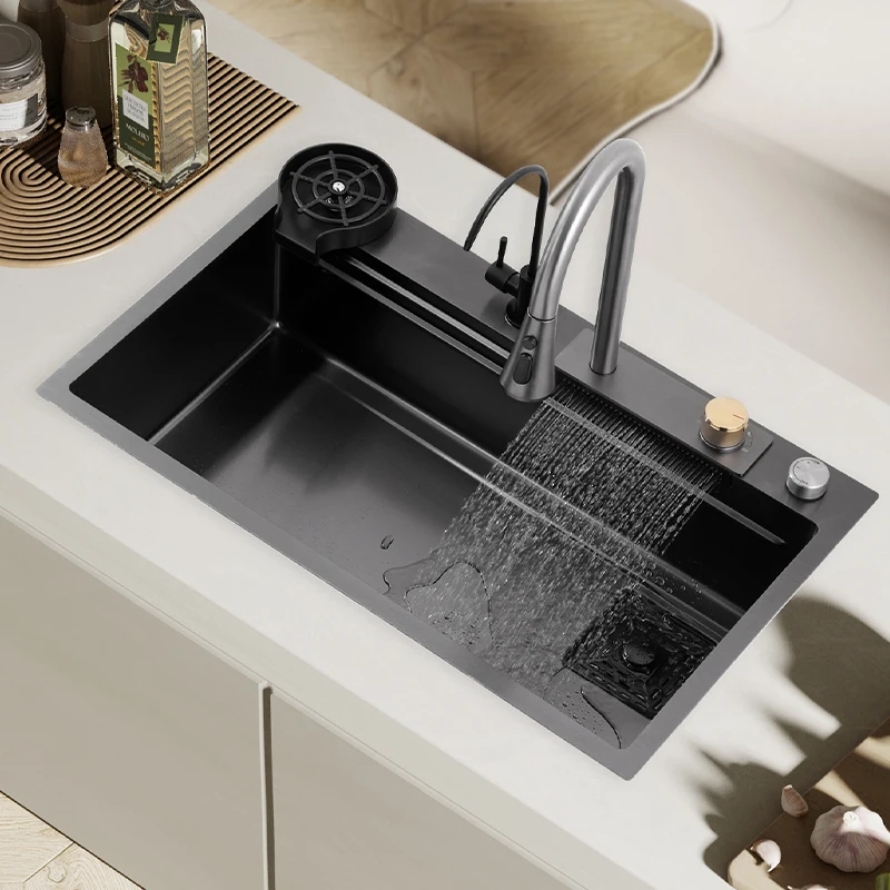 304 Stainless Steel Kitchen Sink With Waterfall Faucet Single Bowl Basin Workstation Topmount Sink With Accessories
