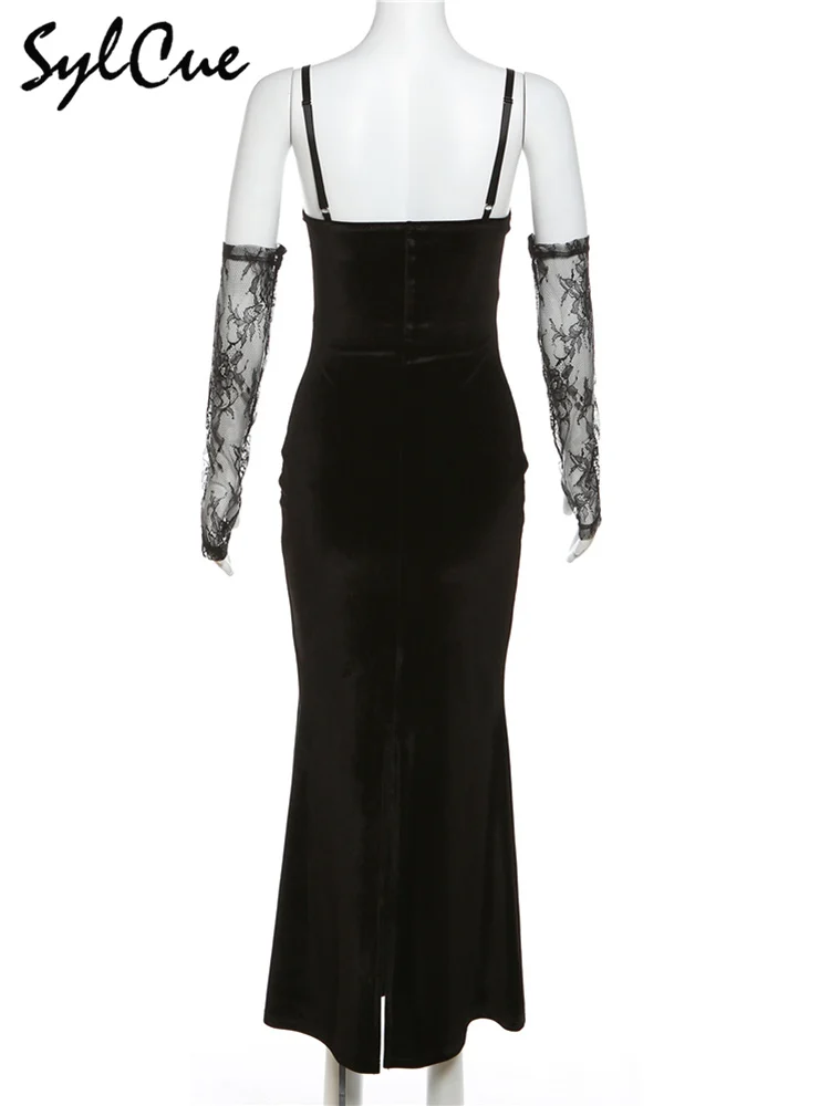 Elegant Lace Sling Dress with Sleeves - Winter Formal Party Dress