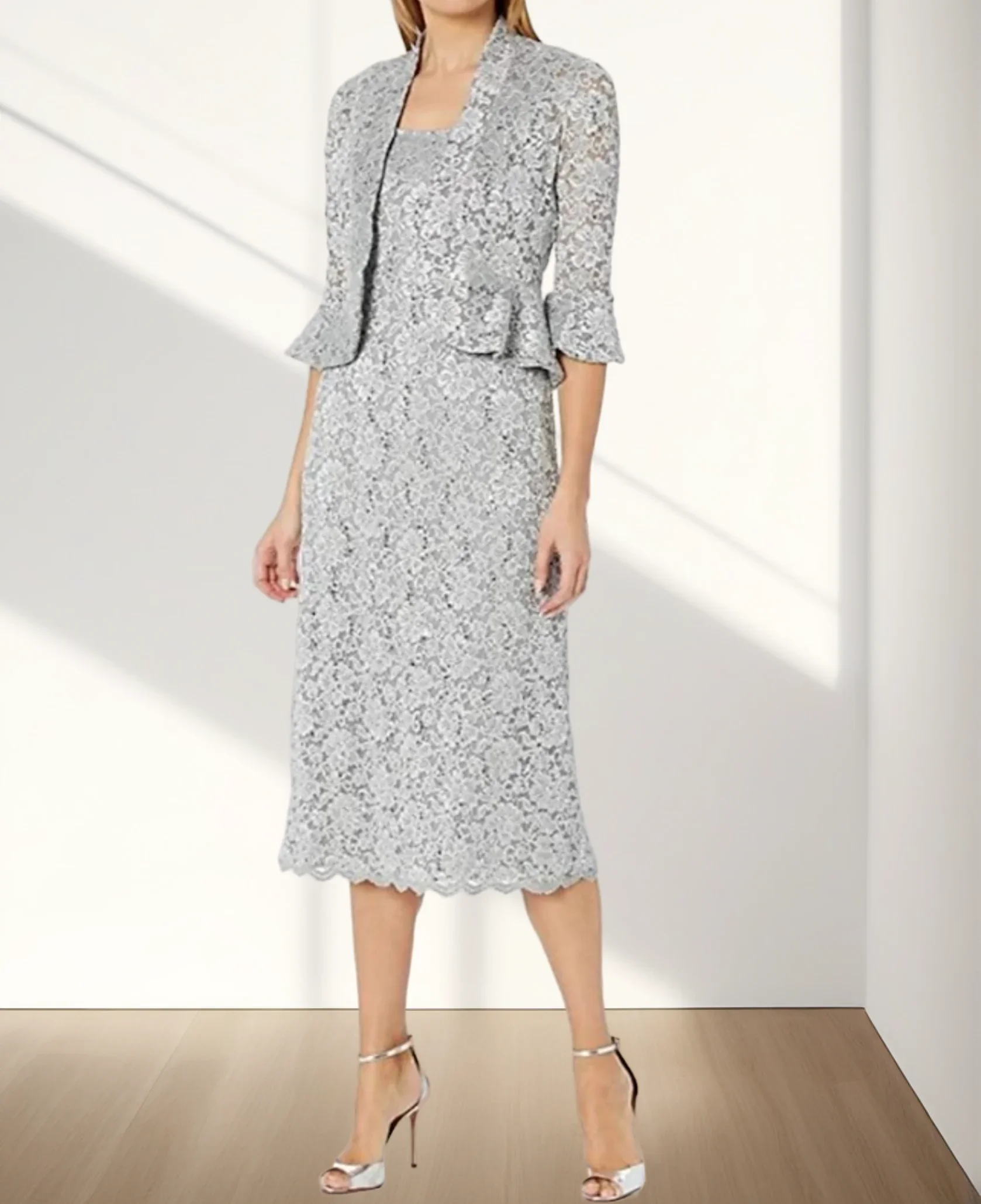 

Платье для матери невесты из двух частей, элегантное минималистичное платье для гостей свадьбы с глубоким круглым вырезом и кружевом длиной 3/4, 2024