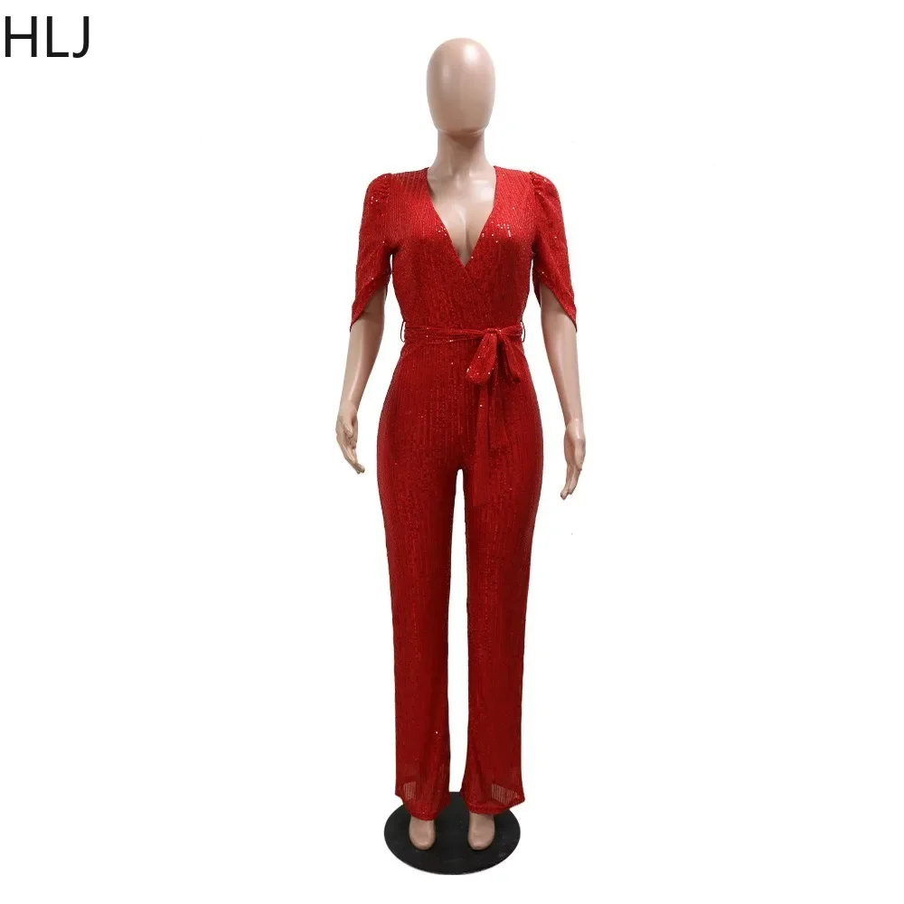HLJ Fashion Sequin V Neck Half Sleeve Lace Up Party Club Jumpsuits Elegant Women Slim Straight Pants Playsuits Female Overalls