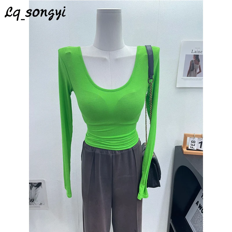 

Thin ~ Slightly See-through ! Scoop Neck Slim T Shirts Women Basic High Strech Tight T Shirt Lq_songyi Long Sleeve Solid Tops