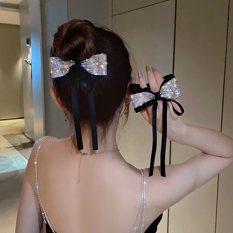 types of hair clips Elegant Bow Ribbon Scrunchies Fashion Ladies Simple Rhinestone Bow Wrap Hair Rope Design Korean Ponytail Girl Hair Accessories hairclips