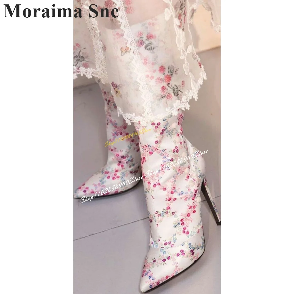 

Runway Trendy Mid Calf Mixed Color Flower Print Boots Thin High Heel Women Shoes Button Pointed Toe 2024 Zapatos Para Mujere