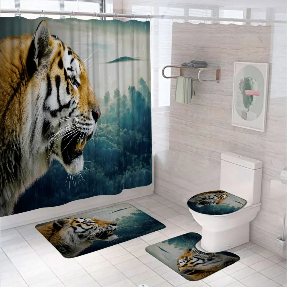 

Tiger Jungle Animal Shower Curtain Bath Mat Set Forest Scenery Bathroom Screen Toilet Lid Cover Anti-slip Carpet Flannel Rug Pad