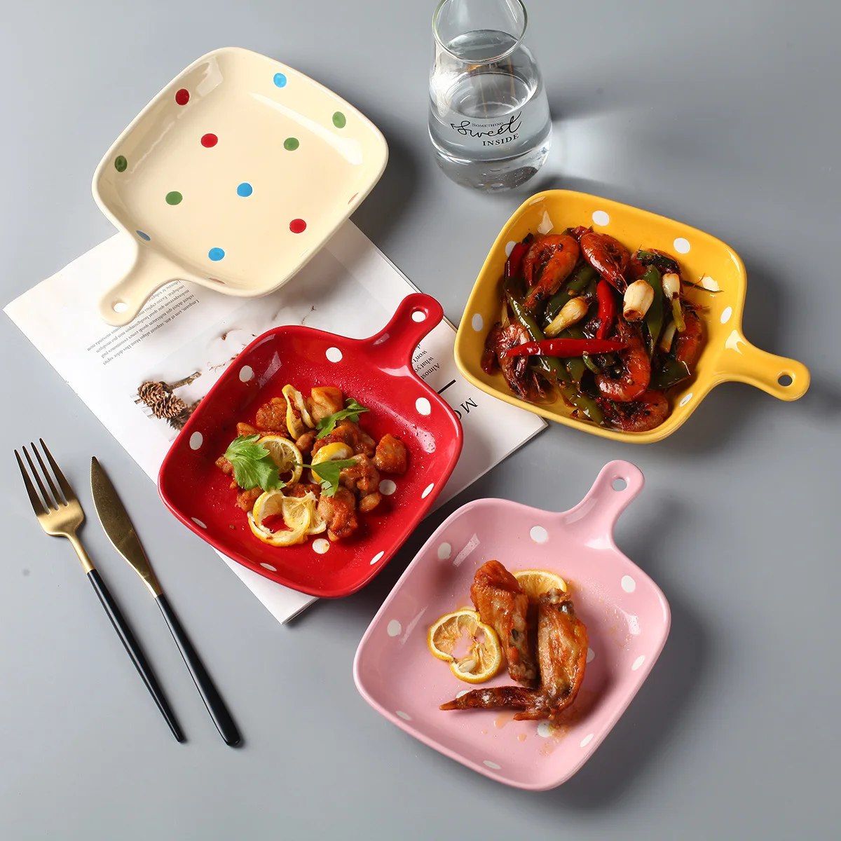 Polka Dot Ceramic Single Handle Plate Creative Baked Cheese Rice Pasta Plates Household Daily High Quality Fruit Breakfast Plate