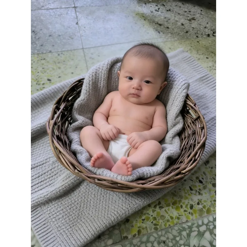 Newborn Photography Posing Props 1pc Rattan Woven Nest Basket Baby Changing Basket with Handles Practical Basin Frame Container