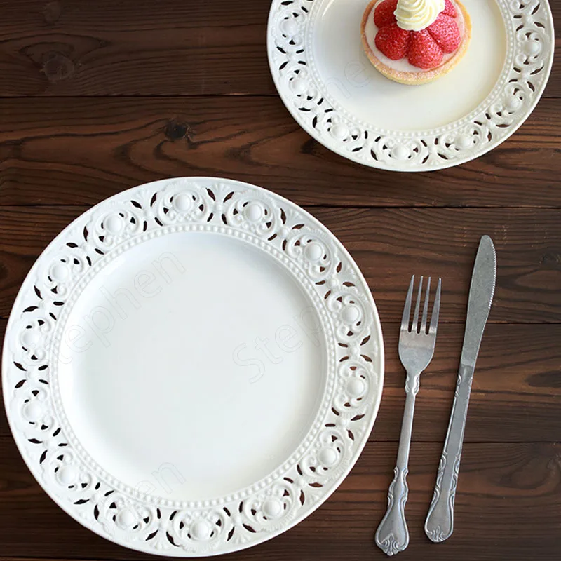 

French Court Crown Hollow Ceramic Relief Plate Afternoon Tea Tableware Cake Dessert Plates Vintage Carved Dinner Dish Dinnerware