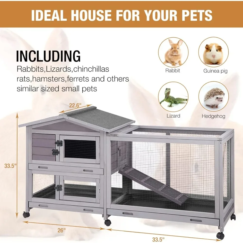 Bunny Cage Indoor and Outdoor Rabbit Hutch with Casters Waterproof Roof, Pull Out Tray from Back and Front 2