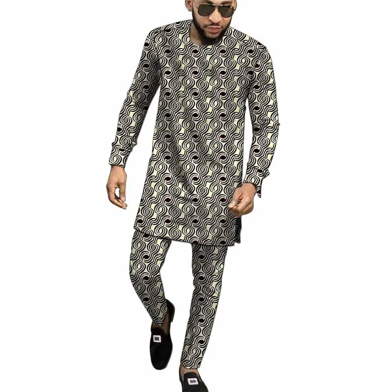 African Clothes Men's Set Long Sleeve Tops With Pant Nigerian Fashion Wax Print Male Wedding Party Wear african dress african men set