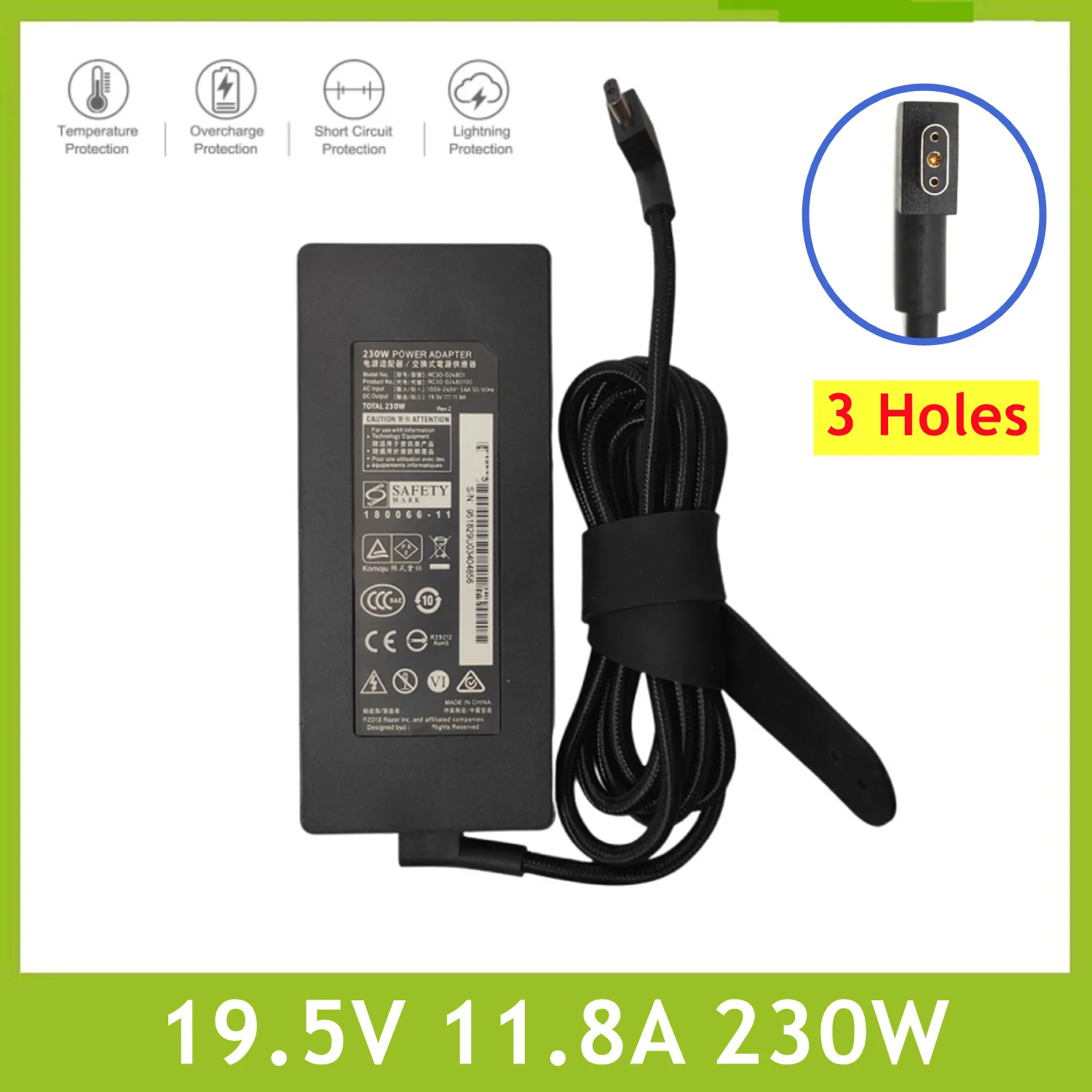 

Power Supply 3 Holes Charger Laptop AC Adapter 19.5v 11.8A 230W For Razer Blade 15 17 RZ09-03006E92 RC30-024801 RZ09-02386W92