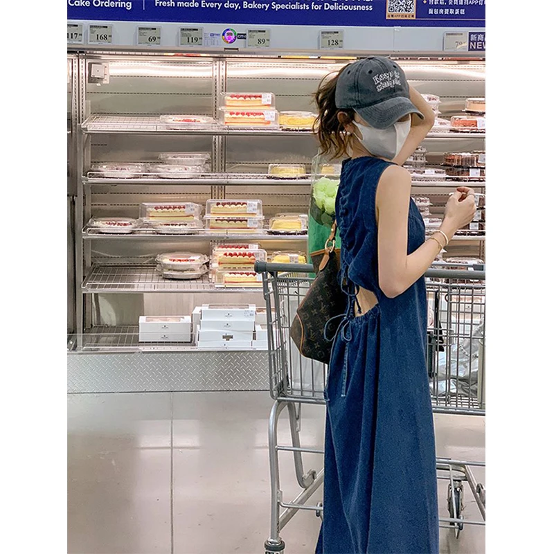 MEXZT Denim Midi elbise kadınlar bir çizgi elbiseler oymak Streetwear kolsuz Backless Sundress kore Lace Up Casual Vestidos