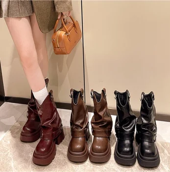 Wine Red Designer Vintage Women Ankle Boots Black Fashion Slip On Knight Short Booties Ladies Casaul Platform Heels Botas Mujer