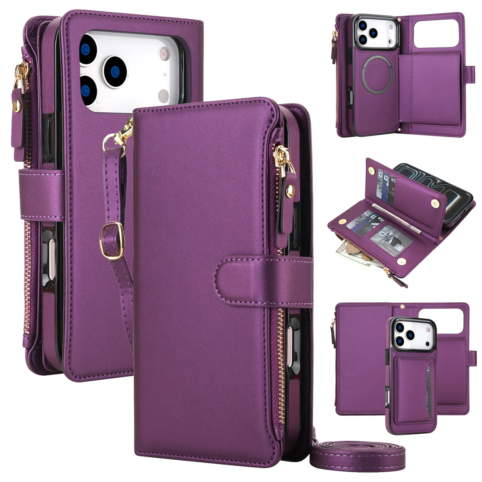 Enhanced Magnetic Artificial Leather Wallet Case with Zipper Pocket