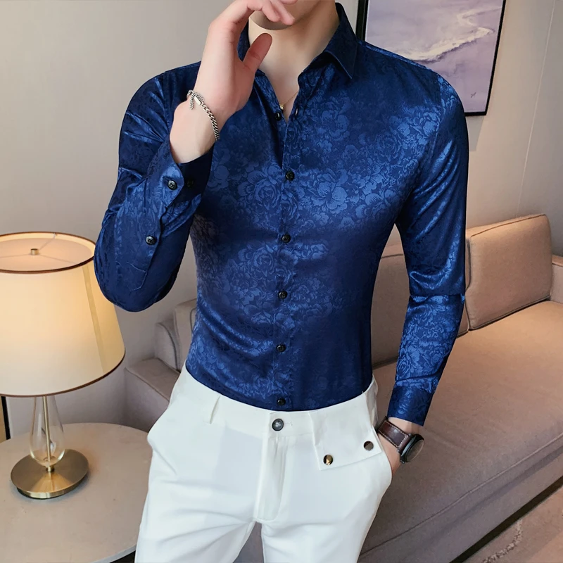 de manga larga con estampado de lujo para hombre, camisas de vestir ajustadas para negocios, informal para fiesta Social, ropa de calle para hombre|Camisas informales| - AliExpress
