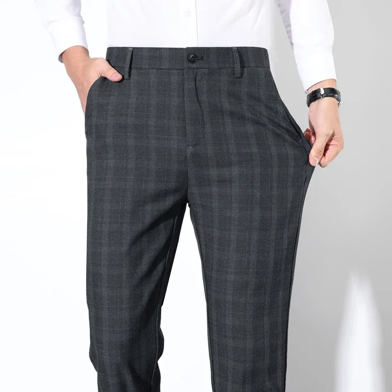 Autumn Winter Men's Plaid Striped Suit Pants Cotton Stretch Straight Business Casual High Quality Classic Fashion Trousers Male