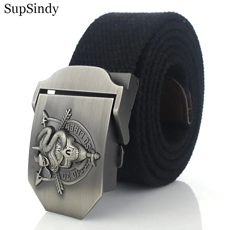 

SupSindy Men Canvas Belt Luxury Skull Metal Buckle Army Military Tactical Belts for Men Jeans Waistband Soldier Male Strap Black