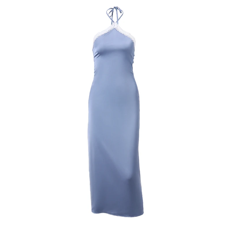 WhereMery Sexy Satin Off Shoulder Maxi Dresses Aesthetic Lace Stitch Backless Sundress 2023 Summer Beachwear Elegant Party Robe 6