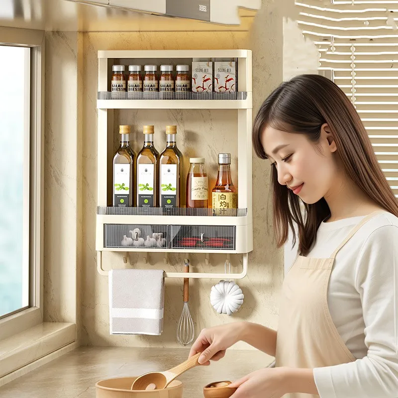 Wall Mounted Kitchen Organizer Shelf Spice Jars Seasoning Bottle Storage Rack With Tower Bar Hooks 3
