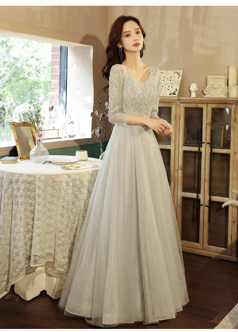 Silver Gray Long Sleeve Prom Dresses 2021 Elegant Square Neck Floor-Length Tulle Women Evening Gowns With Appliques For Wedding plus size prom dresses