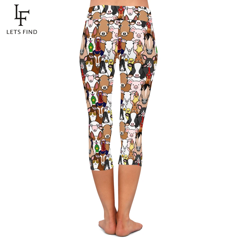 LETSFIND High Elastic Women Capri Leggings Seamless Cartoon Farm Animals Print High Waist  Casual Mid-Calf Pants