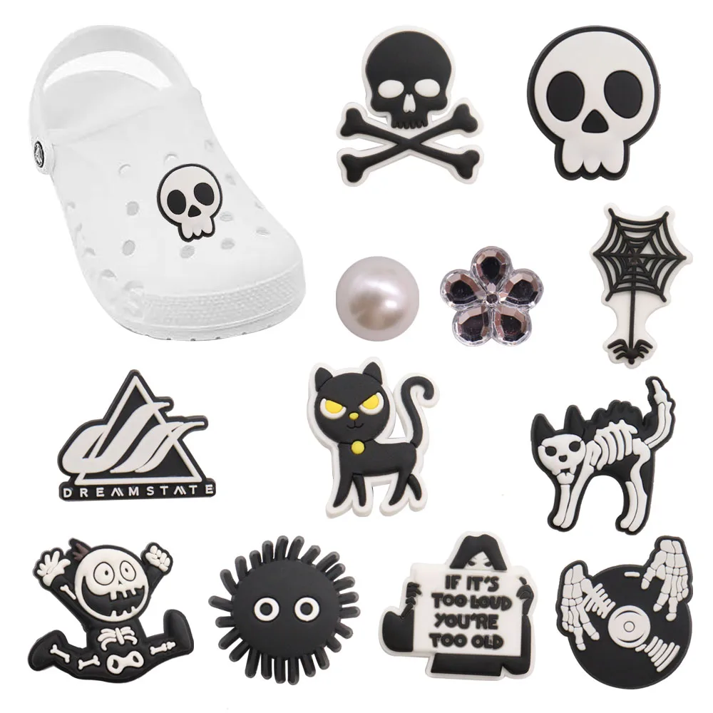 

Hot Sale 1pcs Shoe Charms Skull Head Monster Skeleton Cat PVC Cute Garden Shoe Buckle Decoration Fit Croc Jibz Kids X-mas Gift