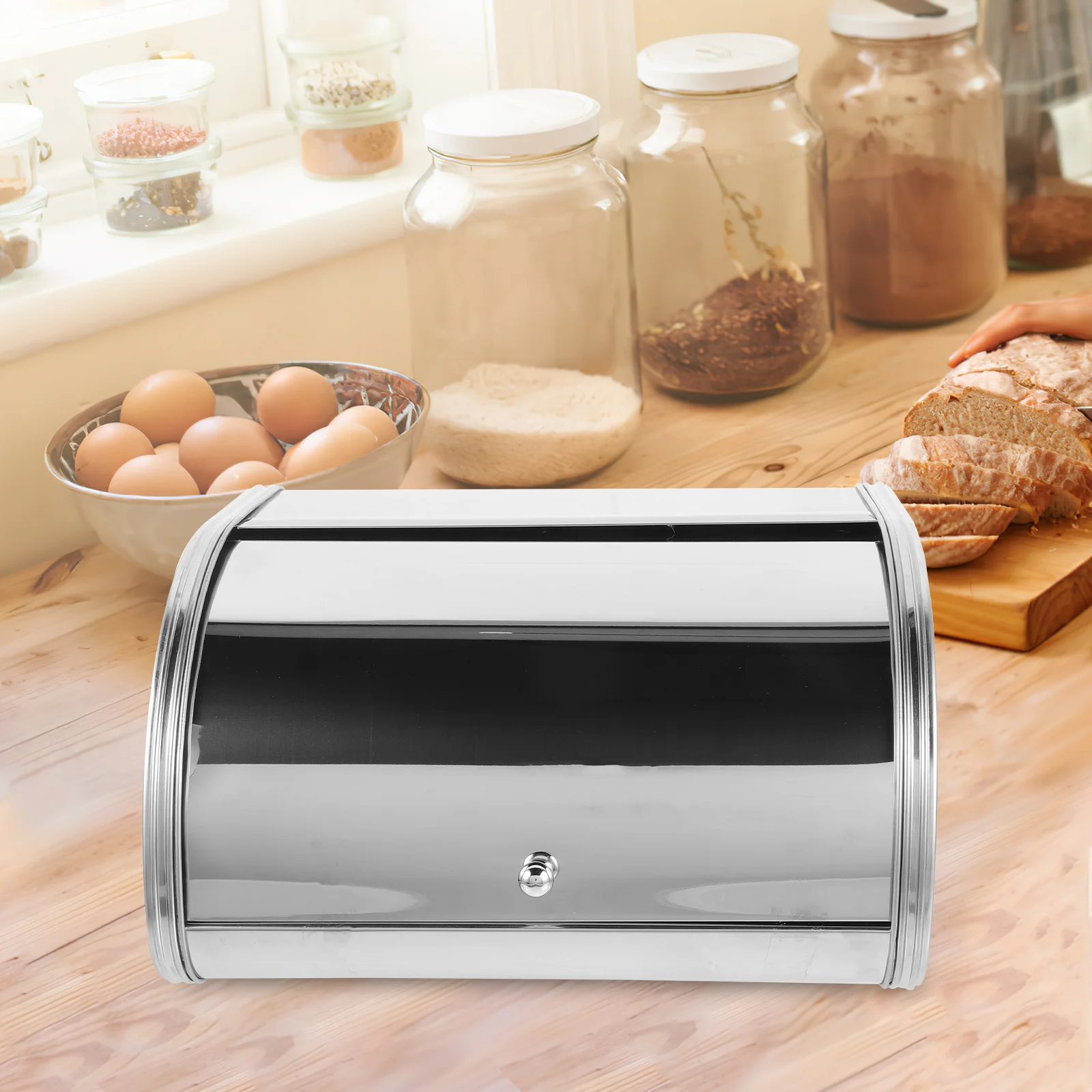 

Possible output: Bread Box Kitchen Countertop Stainless Steel Bread Storage Bin Roll Up Metal Bread Holder Large Capacity Bread