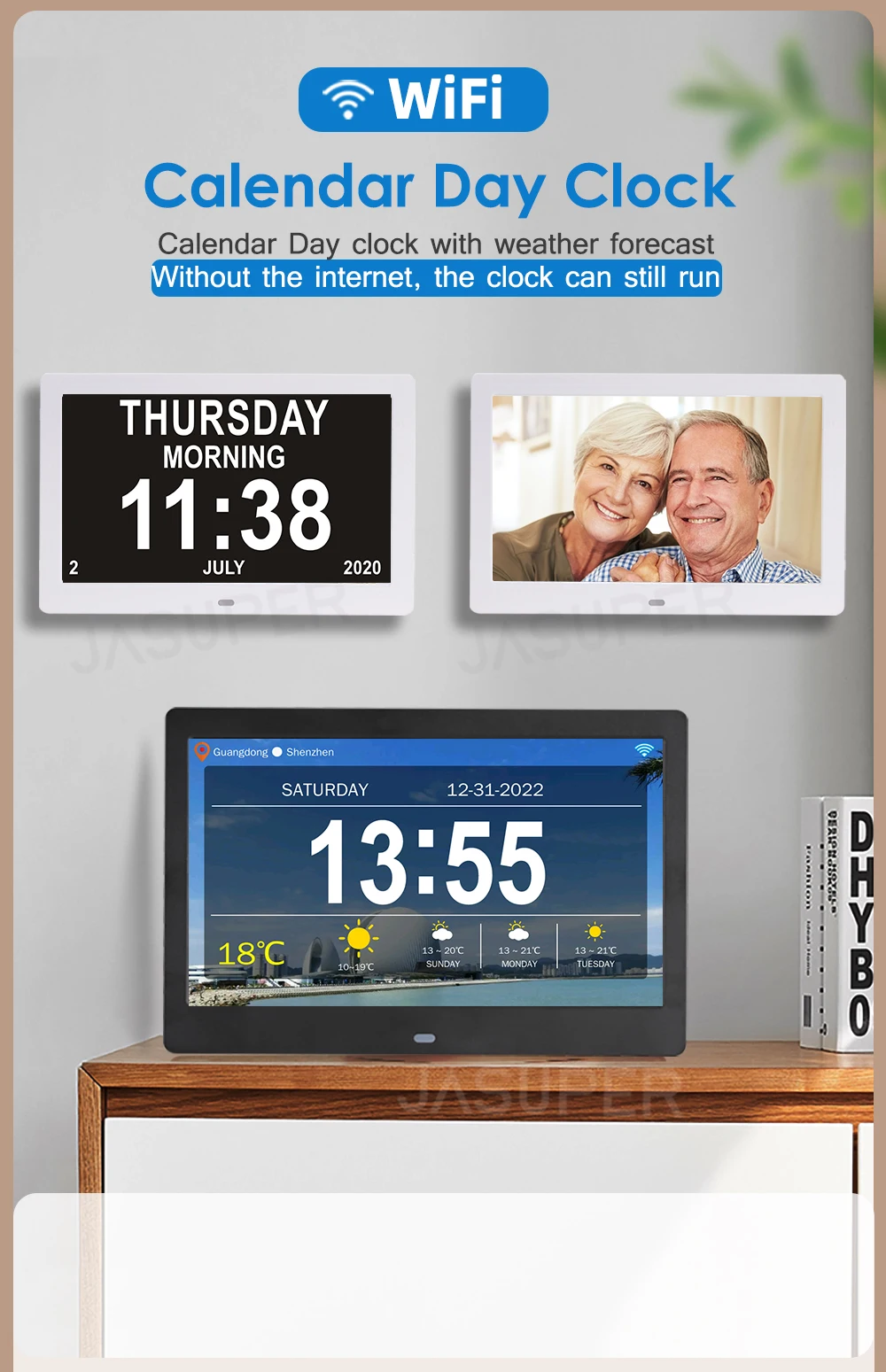 Description Picture 2 of item10.1/7 Inch WIFI Senior Dementia Calendar Clock Digital Photo Frame LED Large Screen Display Time Date Weather Forecast