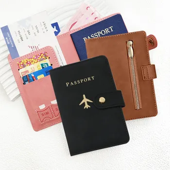 Porta passaporto in similpelle con stampa aereo per uomo e donna, con tasca con cerniera e slot per scheda SIM, portafoglio per documenti di viaggio