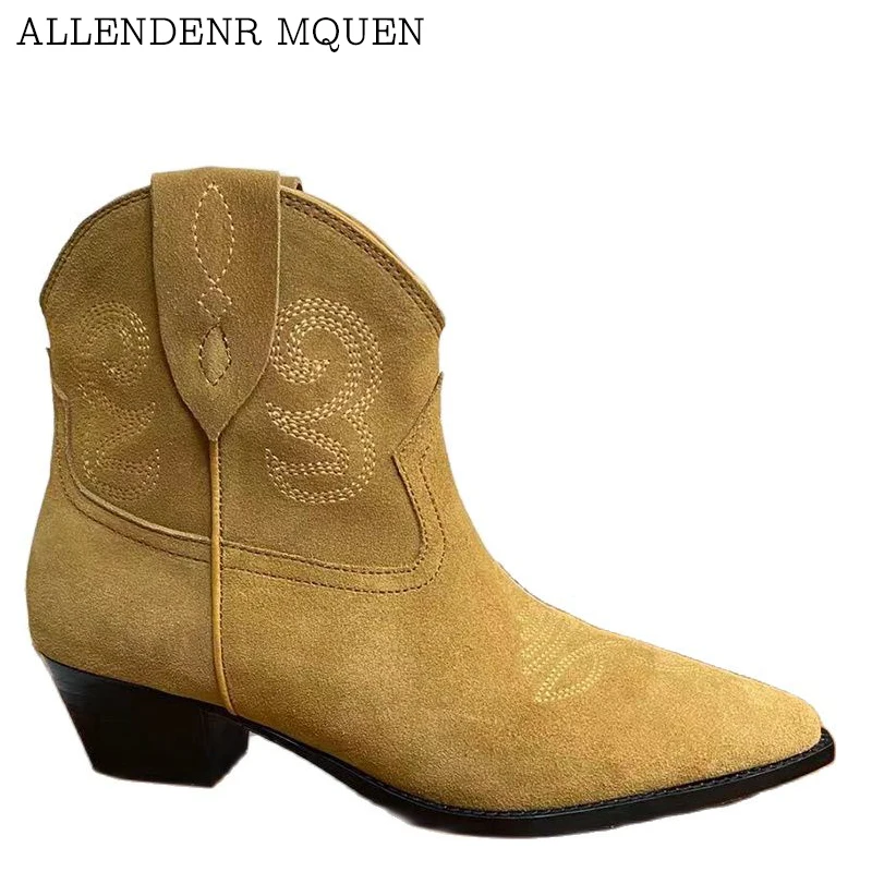 

2022 European and American autumn and winter Chelsea leather cowboy boots suede thick heel pointed toe slip-on women's shoes