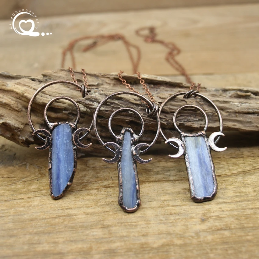 Kyanite Slice Antique Copper Pendants Necklace,Soldered Bronze Natural Blue Quartz Moon Accessories Chains Retro Jewelry,QC3376