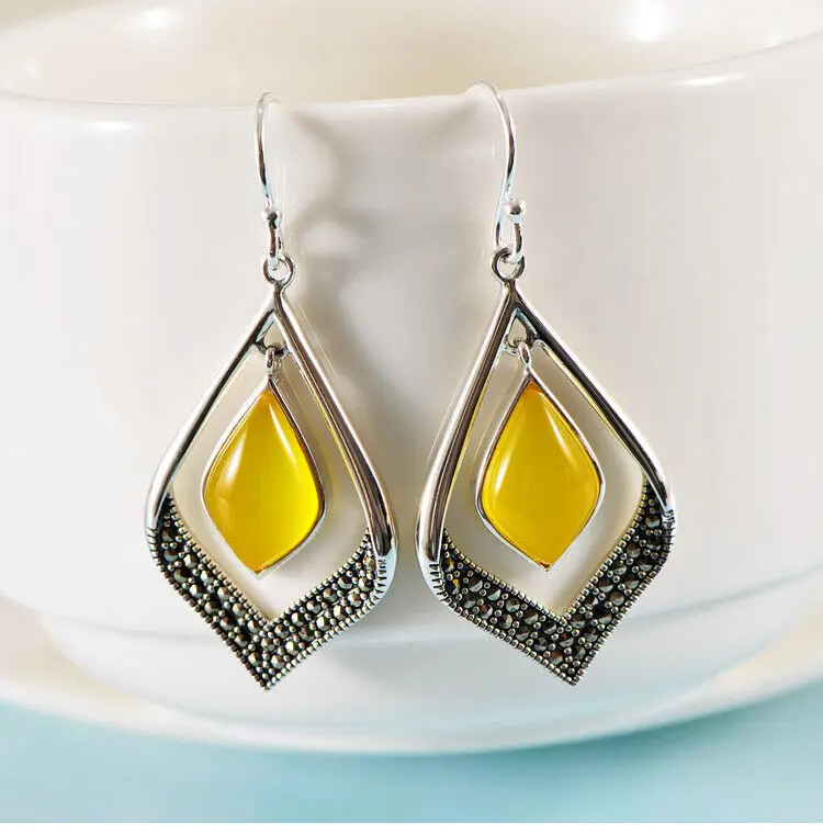 

925 Sterling Silver Earrings Hook Women's Yellow Chalcedony Gemstone Earrings