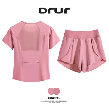 DRUR Women's Tracksuit Sets and Summer 2 Piece Yoga Suit With Lightweight Loose Sport T-Shirt & Shorts Casual Sportswear Outifit 1