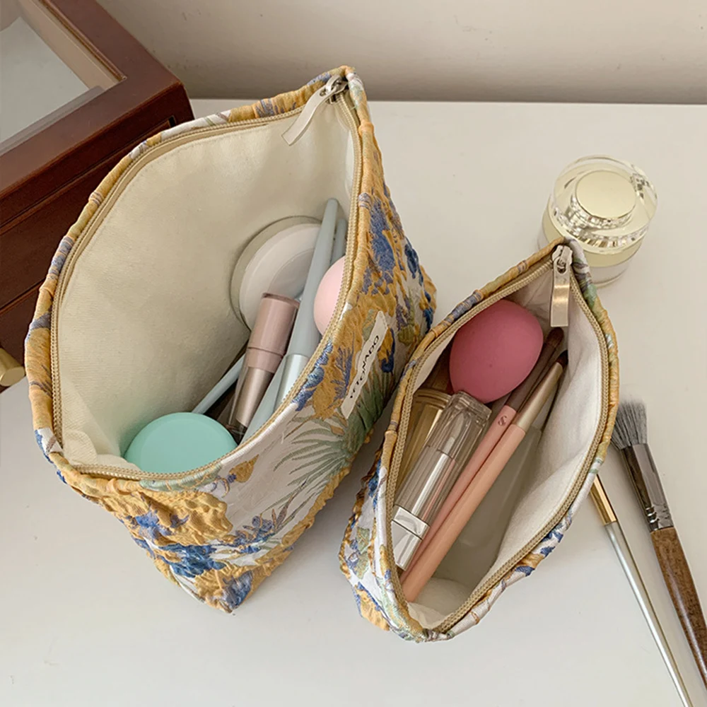 1PC Vintage Woven Satin Fabric Storage Bag Large Capacity Portable Makeup Toiletry Bag - Fashionable Organizing Solution 6