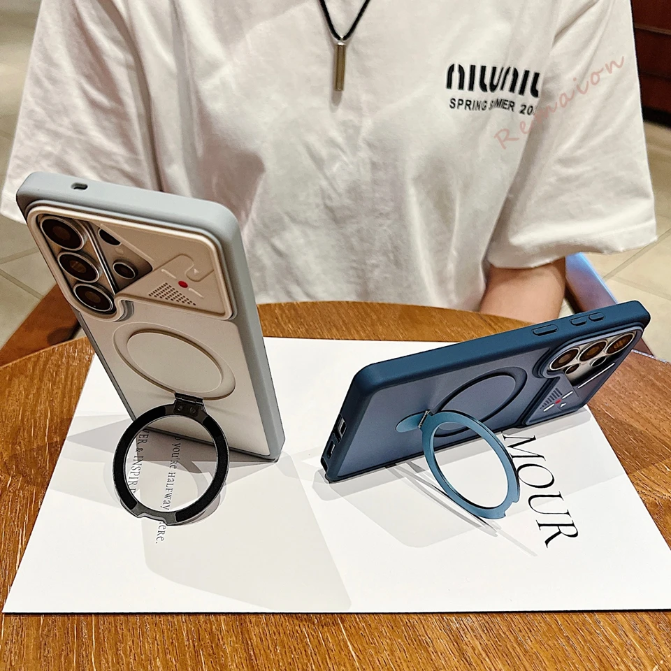 Luxury Matte Magnetic Phone Case with 360° Rotating Stand and Mech Style Design