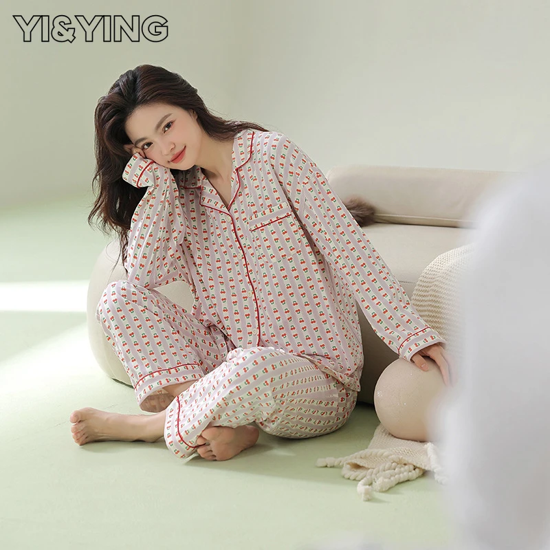 

[YI&YING] Autumn New Pure Cotton Pajamas Women's Long Sleeve Spring Student Opening Season Home Furnishing Set WAZC174