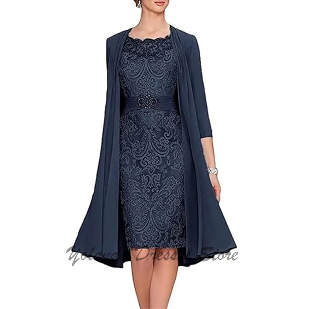 Fashion Knee Length Mother of The Bride Dresses Chiffon A Line Prom Formal Gown Appliques Lace Wedding Party Lace Up Back