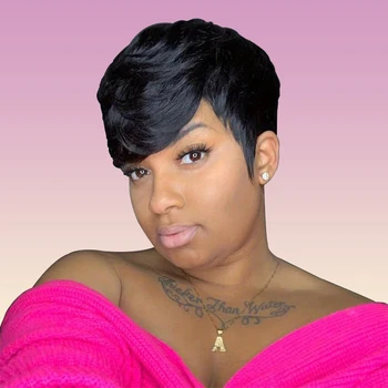 short curly machine made 6inch natural black color 150% density pixie cut wig for women daily paty use human hair wigs 3