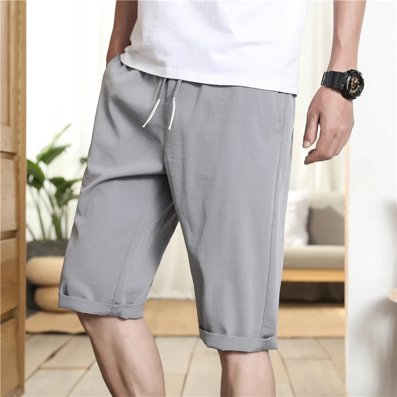 

Linen Short Men 3/4 Length Knee Cotton Large Size 4XL High Waist Loose Casual 3XL Bermuda Shorts Male Long Men's Summer Breeches