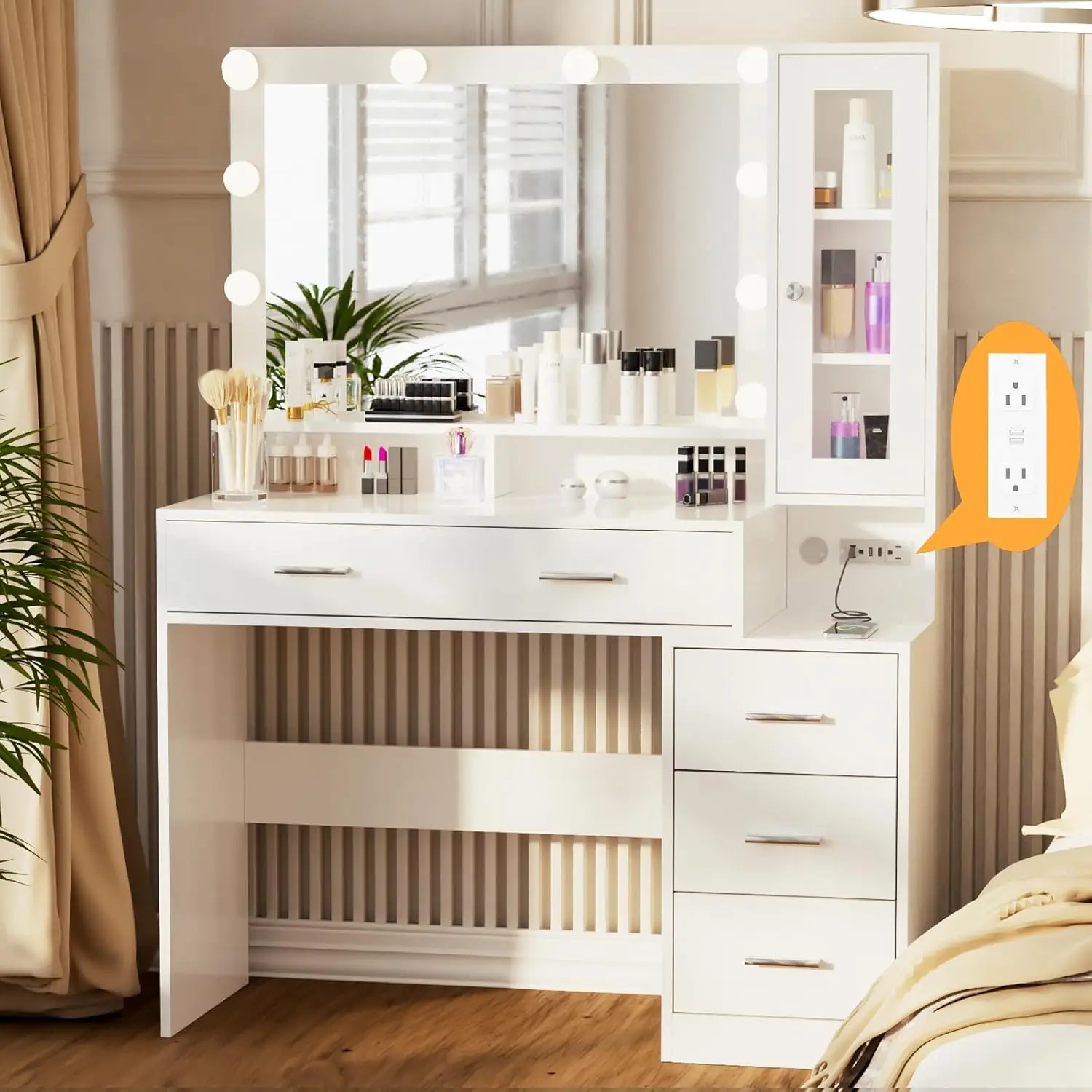 Makeup Vanity with Charging Station, Makeup Vanity Desk with Mirror and Lights, Dressing Table Nightstand Drawers &