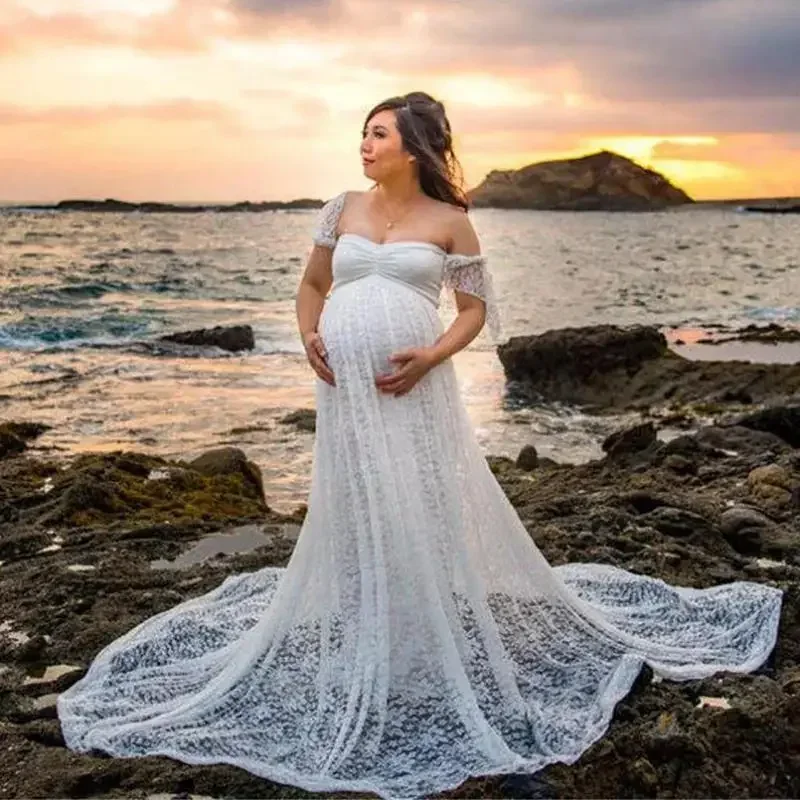 

Long Floral Lace Maternity Photography Dresses Off Shoulder Maxi Gown Pregnancy Dress for Pregnant Women Baby Shower Photoshoot