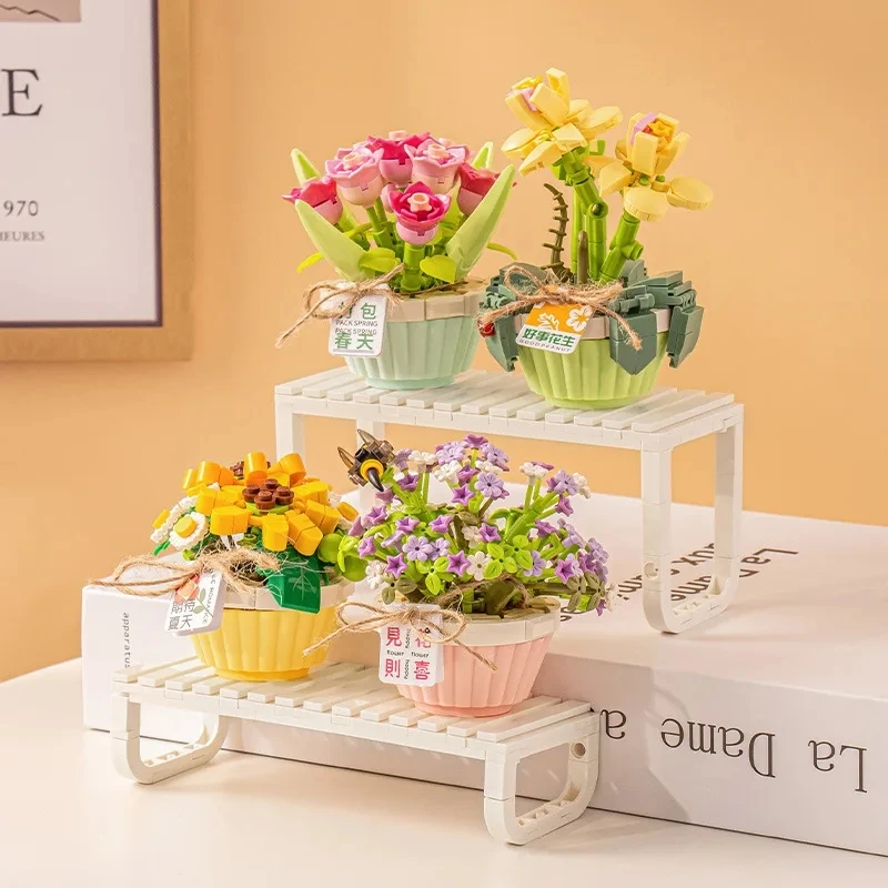 Romantic bouquet Potted Mini Building blocks Girl toys DIY design building blocks Flower ornaments decorate Christmas gifts 5