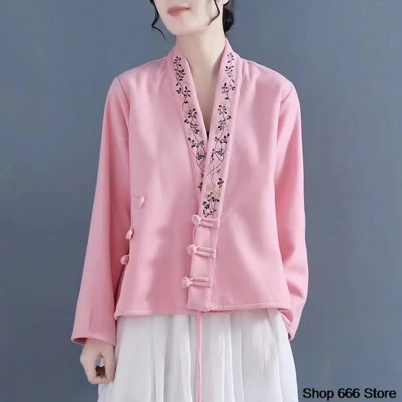 여성용 양면 얇은 양털 가디건, 중국 전통 민족 스타일 자수, 긴팔 상의, 루즈 코트, 가을, 겨울, 신상