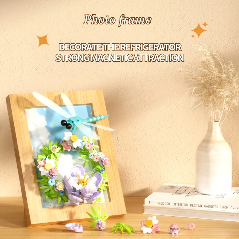 곤충 꽃 사진 프레임 빌딩 블록, 나비 꽃 꿀벌 해바라기 모델 벽돌, 데스크탑 데코, 어린이 교육 완구