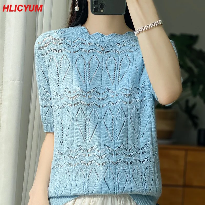 

Women's T-Shirt Summer New Cotton Sweater Short Sleeve Casual Hollow Knit Round Neck Ladies Tops Loose Blouse Overside Tees