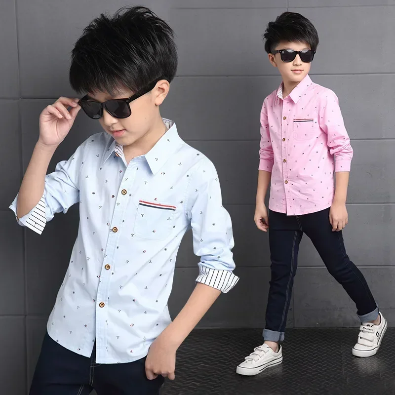 New Spring Autumn Long Sleeve Boys Blouses Breathable 100% Cotton Kids Children Shirts 5-15 Years Kids Shirts Boys