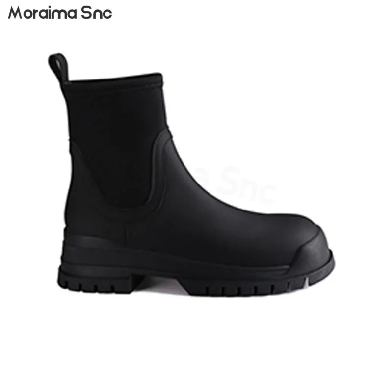 Simple Stitching Leather Elastic Booties Round Toe Thick Heel Soft Comfortable Boots Slip On Fashion Casual Elastic Women's Boot