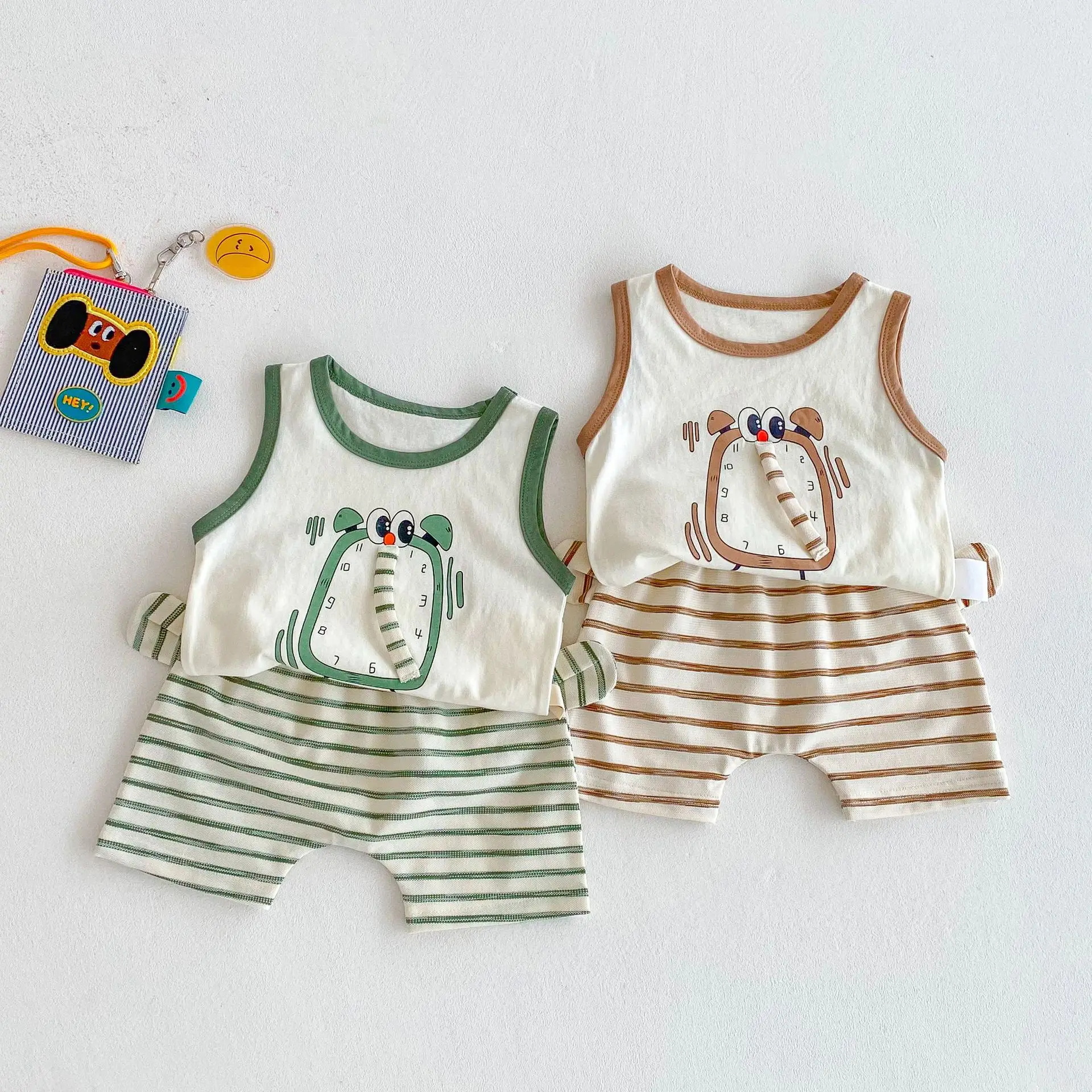 Fashion Set 2025 New Summer Cute Printed Alarm Clock for Boys and Girls, Sleeveless Vest, Striped Pants Two-piece Set
