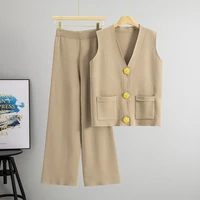 Casual Knit 2 Pieces Suit Women V-neck Sleeveless Single Breasted Slim Tank Wide leg Pants Female Set 2025 Spring Summer