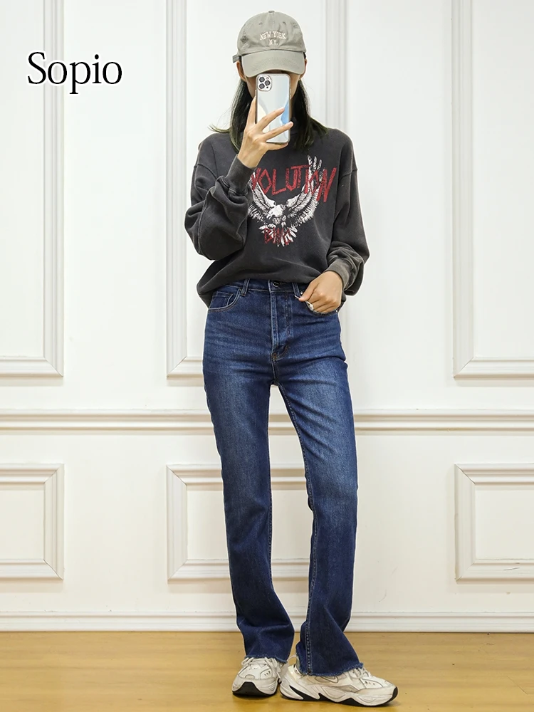 

Waist Buckle Medium Elastic Micro Horn Jeans Women's Nine Point Denim Pants Blue Fashion Street Wash Water Pants 2024