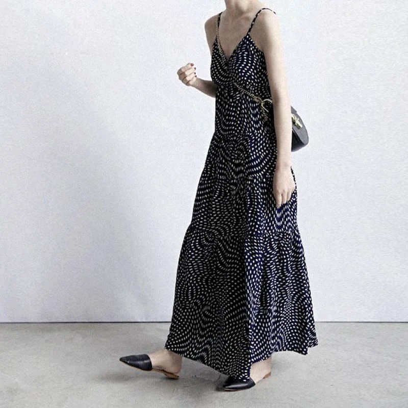

Dot Women Dresses Cotton Sleeveless V-neck Shirr Slip Dress Korean Style Loose Sexy Backless Mid-calf Dress for Women Clothing